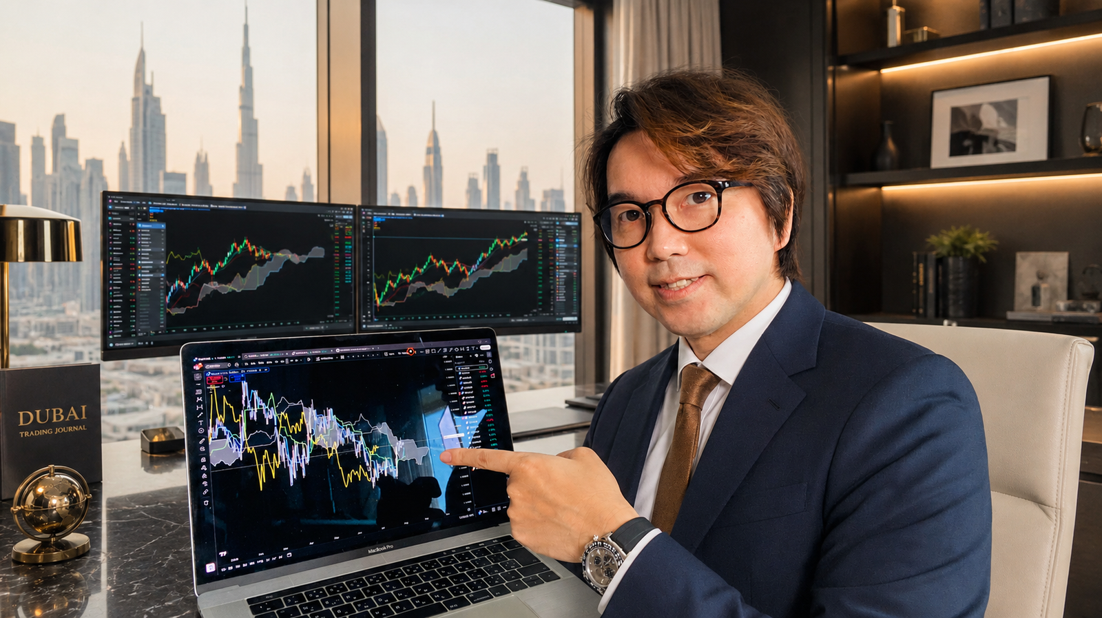 Kei reviewing Ichimoku charts at his trading desk in Dubai
